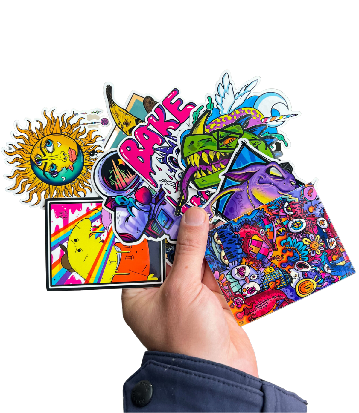 handful of colorful stickers, showing off artist made decals