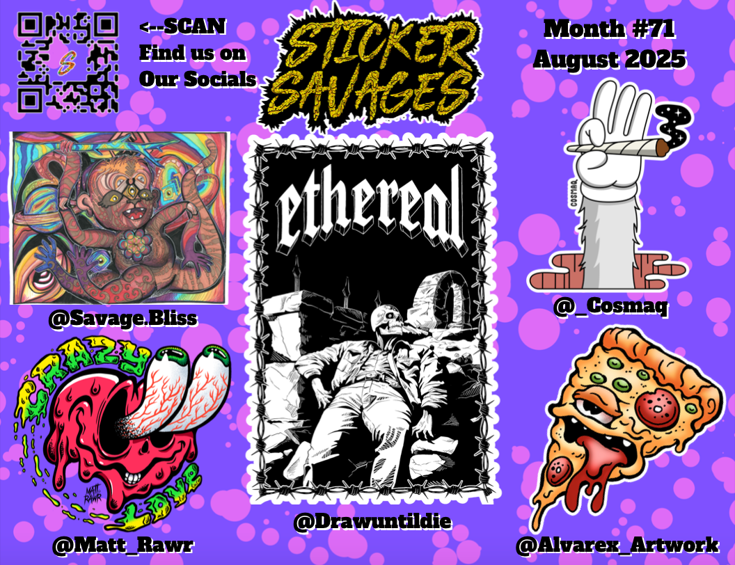 detailed postcard showing off featured artists in our sticker club