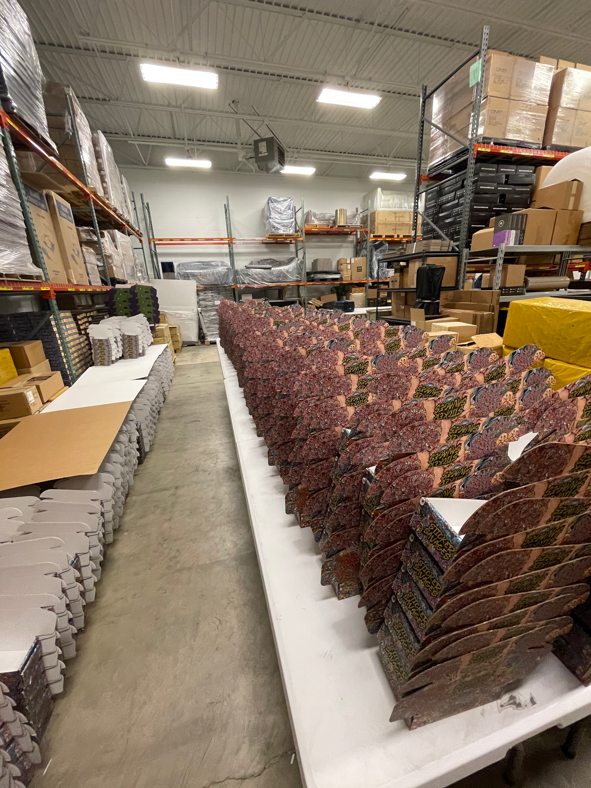 sticker boxes on table in warehouse
